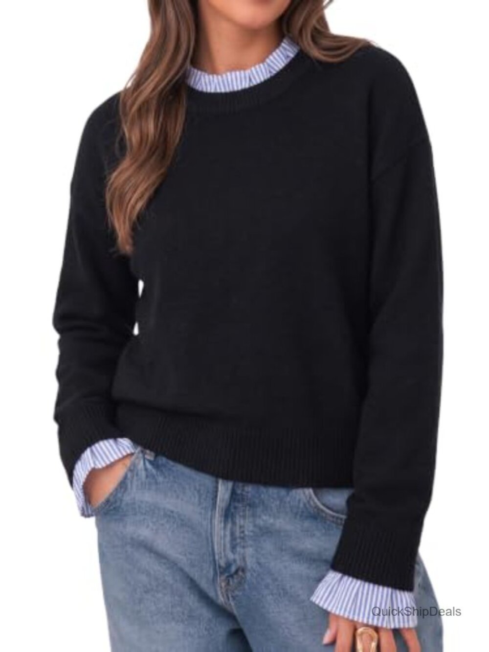 Women's Long Sleeve Ruffle Crew Neck Pullover Sweater Patchwork Knit Top